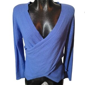 Blue Ribbed Knit Wrap Style V Neck Sweater XXL